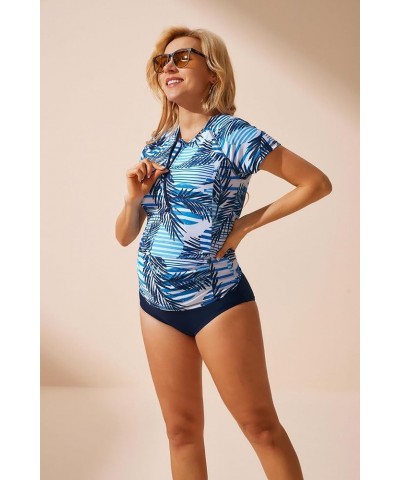 Maternity Swimsuit Zip Front Rash Guard Tankini with Bras Short Sleeve Bathing Suit 2pcs 382-navy $21.31 Swimsuits