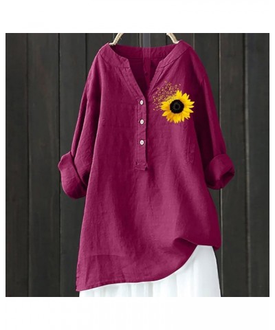 Womens Cotton Linen Shirts Blouse Plus Size Dress Tops Flower Graphic Long Sleeve Tops Hide Belly Shirts 06 Wine $10.79 Shirts