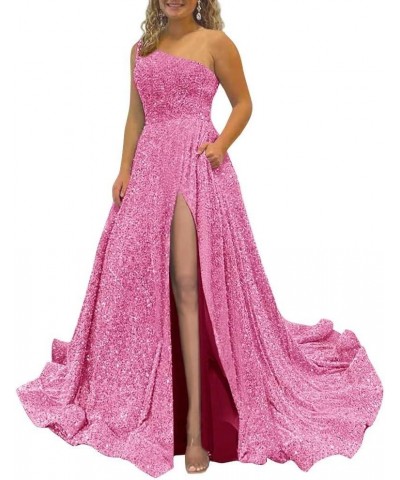 Sparkly Sequins Plus Size Prom Dresses with Pockets Slit One Shoulder Prom Party Gowns A Line Formal Ball Gowns Peach $38.40 ...