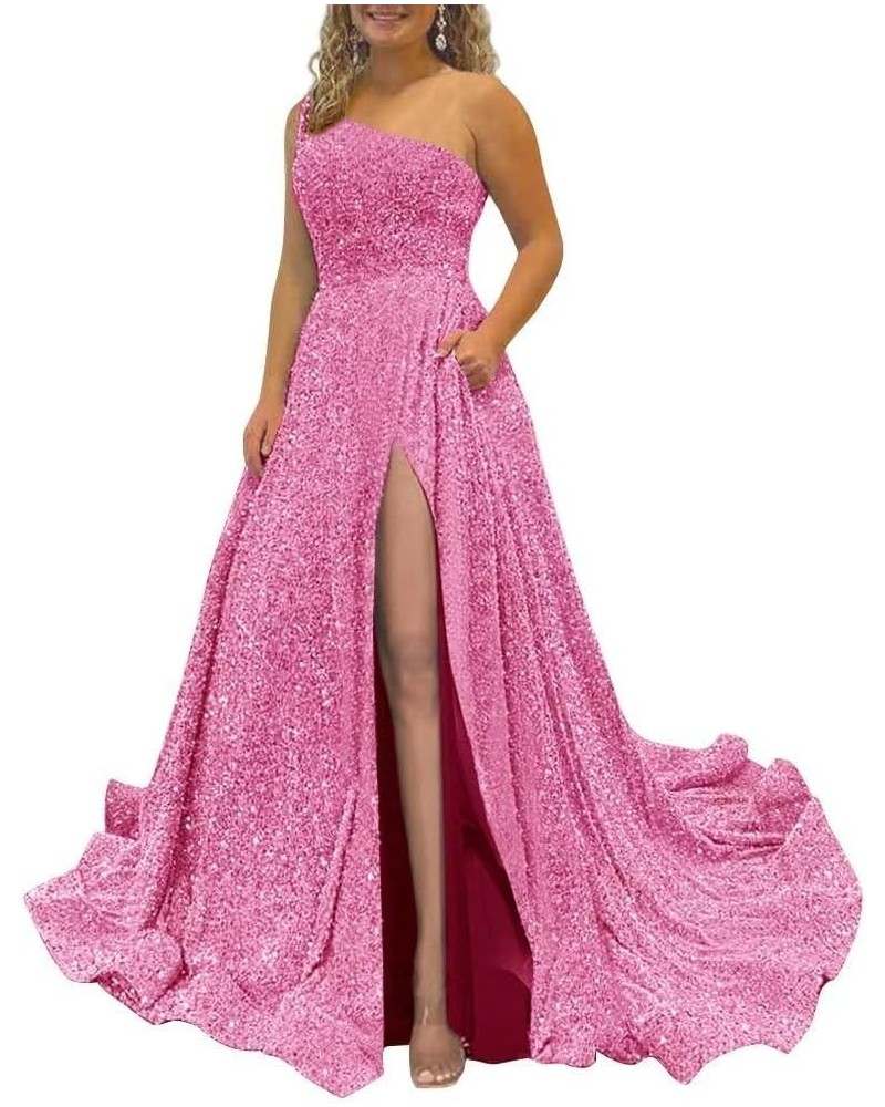 Sparkly Sequins Plus Size Prom Dresses with Pockets Slit One Shoulder Prom Party Gowns A Line Formal Ball Gowns Peach $38.40 ...