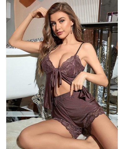 Women's Lace Trim Tie Front Scallop Cami Top and Shorts 2 Piece Pajama Set Purple Solid $15.59 Sleep & Lounge