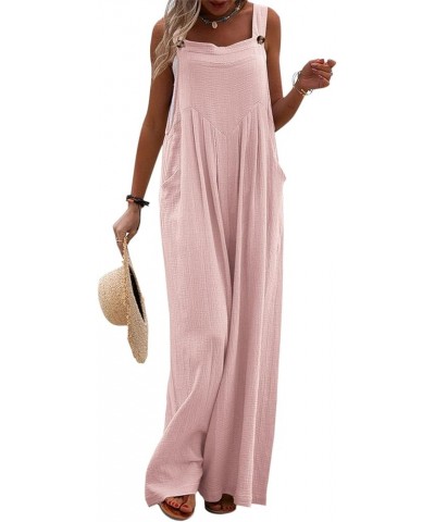 Women Wide Leg Overalls Sleeveless Jumpsuits Loose Solid Color Suspender Comfy Baggy Button Rompers with Pockets Pink $13.49 ...