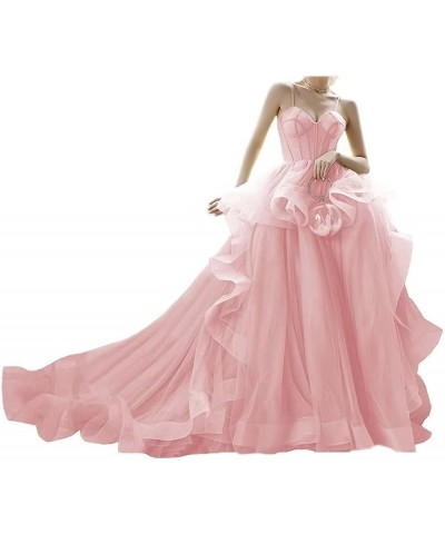 Spaghetti Straps Tulle Prom Dresses for Women Long Sweetheart Ball Gown Puffy Ruffled Evening Gowns with Train Y94 Pink2 $51....