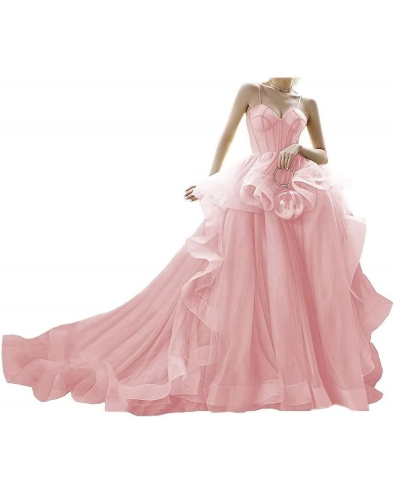 Spaghetti Straps Tulle Prom Dresses for Women Long Sweetheart Ball Gown Puffy Ruffled Evening Gowns with Train Y94 Pink2 $51....