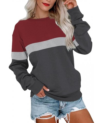 Womens Crew Neck Color Block/Solid Sweatshirts Tops Long Sleeve Casual Pullover Cute Lightweight Loose Tops B- Red Charcoal $...