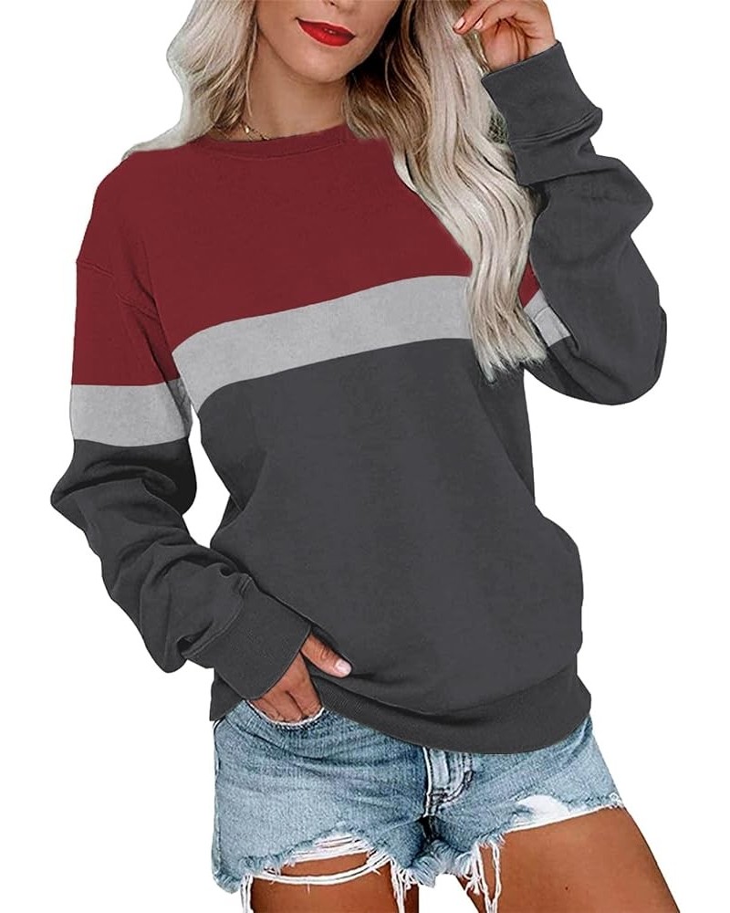 Womens Crew Neck Color Block/Solid Sweatshirts Tops Long Sleeve Casual Pullover Cute Lightweight Loose Tops B- Red Charcoal $...