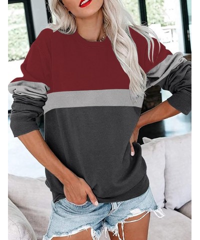 Womens Crew Neck Color Block/Solid Sweatshirts Tops Long Sleeve Casual Pullover Cute Lightweight Loose Tops B- Red Charcoal $...