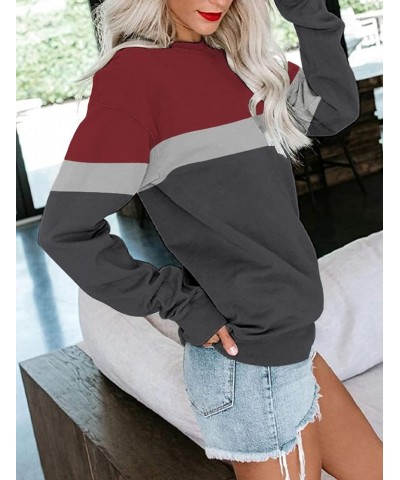 Womens Crew Neck Color Block/Solid Sweatshirts Tops Long Sleeve Casual Pullover Cute Lightweight Loose Tops B- Red Charcoal $...