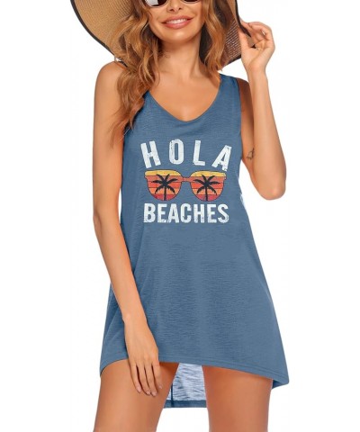 Women's Sleeveless Swimwear Coverups T-Shirt Beach Dress Tank Bikini Cover Up with Print A-sea Blue $12.99 Swimsuits