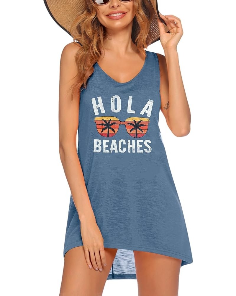 Women's Sleeveless Swimwear Coverups T-Shirt Beach Dress Tank Bikini Cover Up with Print A-sea Blue $12.99 Swimsuits