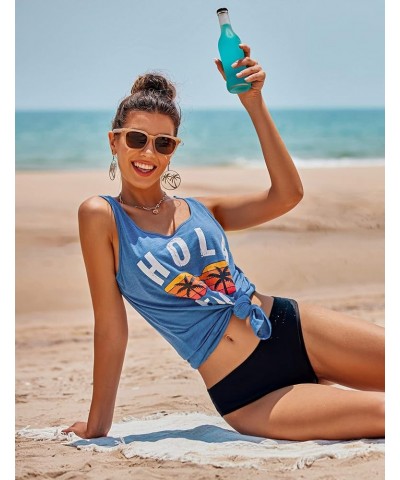 Women's Sleeveless Swimwear Coverups T-Shirt Beach Dress Tank Bikini Cover Up with Print A-sea Blue $12.99 Swimsuits