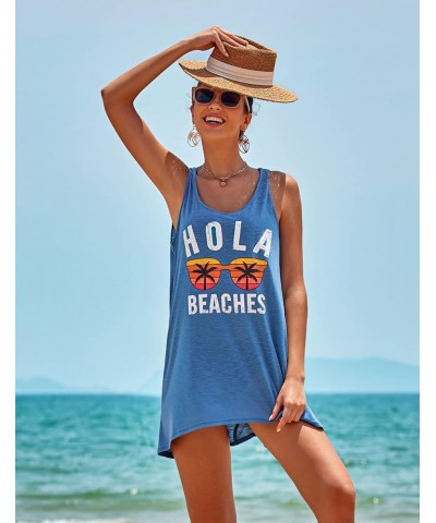 Women's Sleeveless Swimwear Coverups T-Shirt Beach Dress Tank Bikini Cover Up with Print A-sea Blue $12.99 Swimsuits