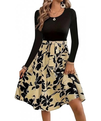 Women's Floral Print Scoop Neck Long Sleeve Belted Ruffle Hem A-Line Midi Dress Khaki $25.51 Dresses