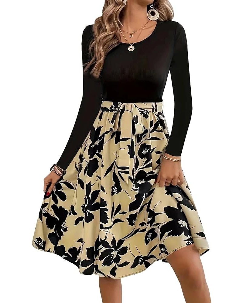 Women's Floral Print Scoop Neck Long Sleeve Belted Ruffle Hem A-Line Midi Dress Khaki $25.51 Dresses