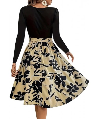 Women's Floral Print Scoop Neck Long Sleeve Belted Ruffle Hem A-Line Midi Dress Khaki $25.51 Dresses