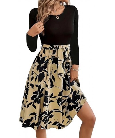 Women's Floral Print Scoop Neck Long Sleeve Belted Ruffle Hem A-Line Midi Dress Khaki $25.51 Dresses