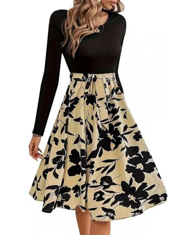 Women's Floral Print Scoop Neck Long Sleeve Belted Ruffle Hem A-Line Midi Dress Khaki $25.51 Dresses