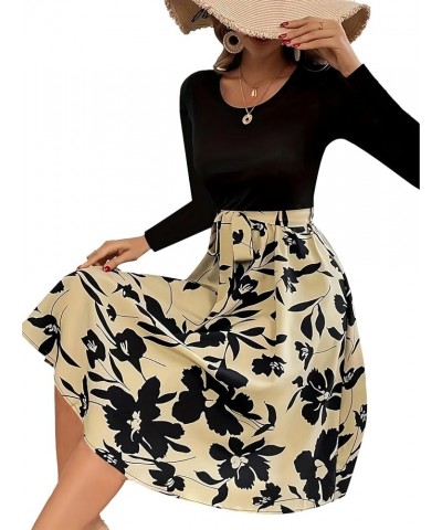 Women's Floral Print Scoop Neck Long Sleeve Belted Ruffle Hem A-Line Midi Dress Khaki $25.51 Dresses