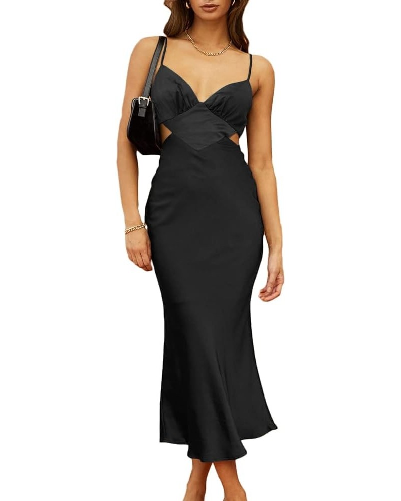 Women's Fall Satin Backless Maxi Dress Silk Cut Out V Neck Slip Tie Back Formal Cocktail Midi Dresses for Wedding Guest Black...