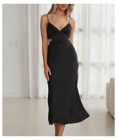 Women's Fall Satin Backless Maxi Dress Silk Cut Out V Neck Slip Tie Back Formal Cocktail Midi Dresses for Wedding Guest Black...