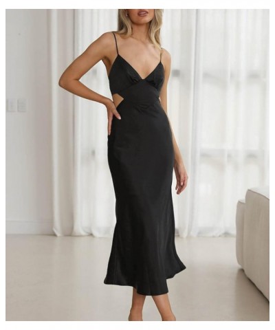 Women's Fall Satin Backless Maxi Dress Silk Cut Out V Neck Slip Tie Back Formal Cocktail Midi Dresses for Wedding Guest Black...