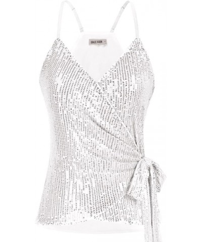 Sequin Tops for Women Sparkle Tank Camisole V Neck Sexy Tie Waist Top Party Club Cocktail Vest Shirt Silver White $16.40 Tanks