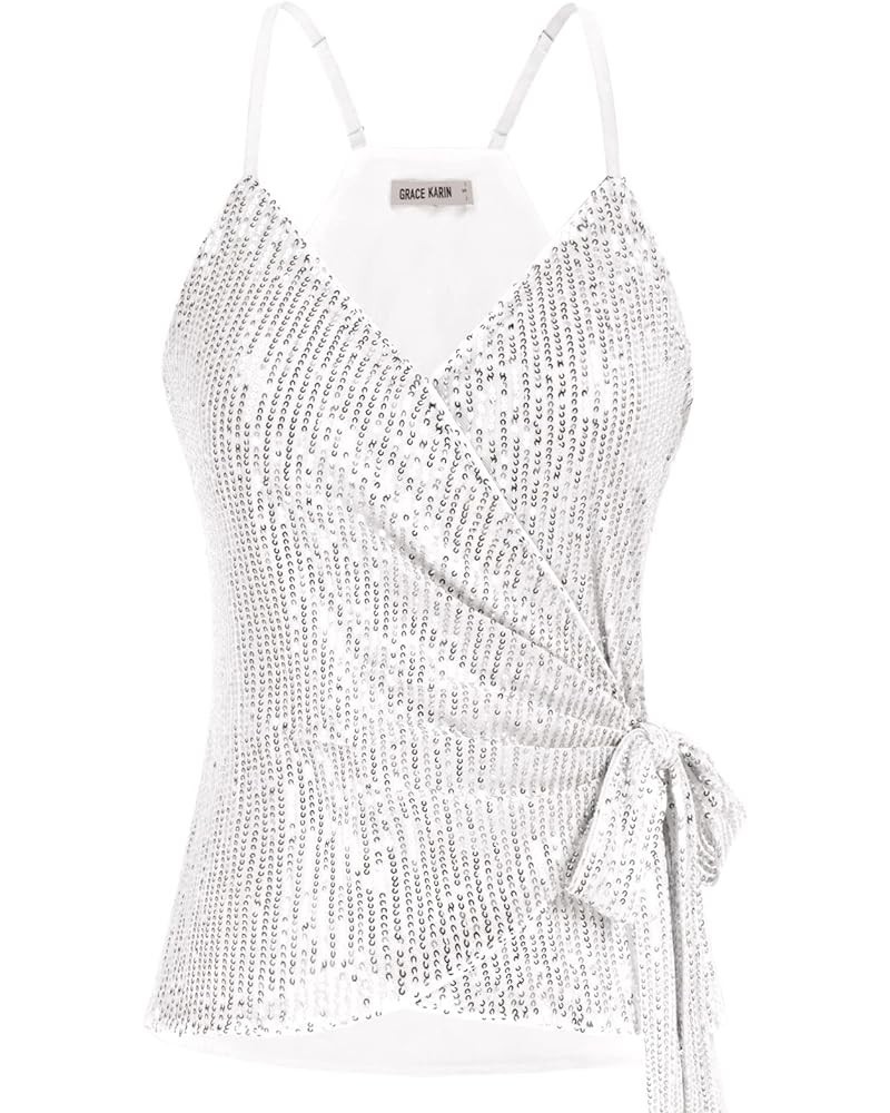 Sequin Tops for Women Sparkle Tank Camisole V Neck Sexy Tie Waist Top Party Club Cocktail Vest Shirt Silver White $16.40 Tanks