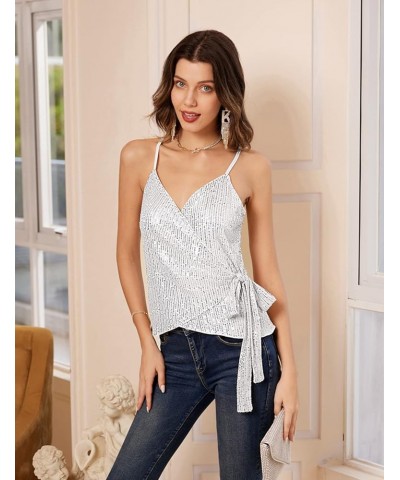 Sequin Tops for Women Sparkle Tank Camisole V Neck Sexy Tie Waist Top Party Club Cocktail Vest Shirt Silver White $16.40 Tanks