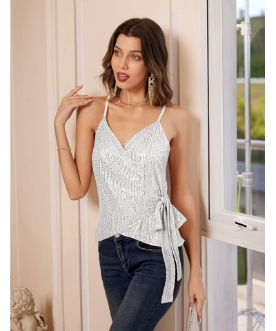 Sequin Tops for Women Sparkle Tank Camisole V Neck Sexy Tie Waist Top Party Club Cocktail Vest Shirt Silver White $16.40 Tanks