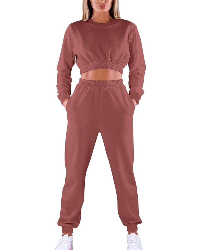 Women's Workout 2 Piece Outfits Tracksuit Long Sleeve Crop Tops Joggers Pants Sets Sweatsuits Dark Pink $21.65 Activewear