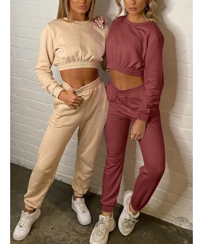 Women's Workout 2 Piece Outfits Tracksuit Long Sleeve Crop Tops Joggers Pants Sets Sweatsuits Dark Pink $21.65 Activewear