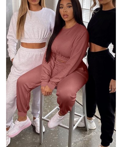 Women's Workout 2 Piece Outfits Tracksuit Long Sleeve Crop Tops Joggers Pants Sets Sweatsuits Dark Pink $21.65 Activewear