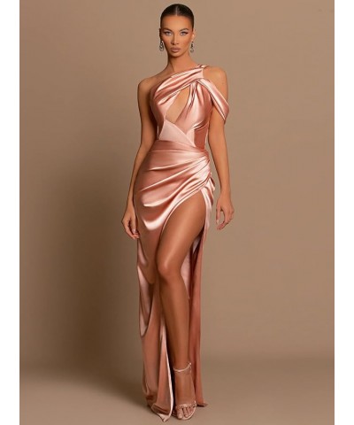 Women's One Shoulder Prom Dresses with Slit Ruched Satin Mermaid Evening Formal Gowns Dusty Rose $30.55 Dresses