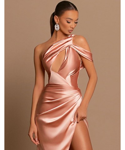 Women's One Shoulder Prom Dresses with Slit Ruched Satin Mermaid Evening Formal Gowns Dusty Rose $30.55 Dresses