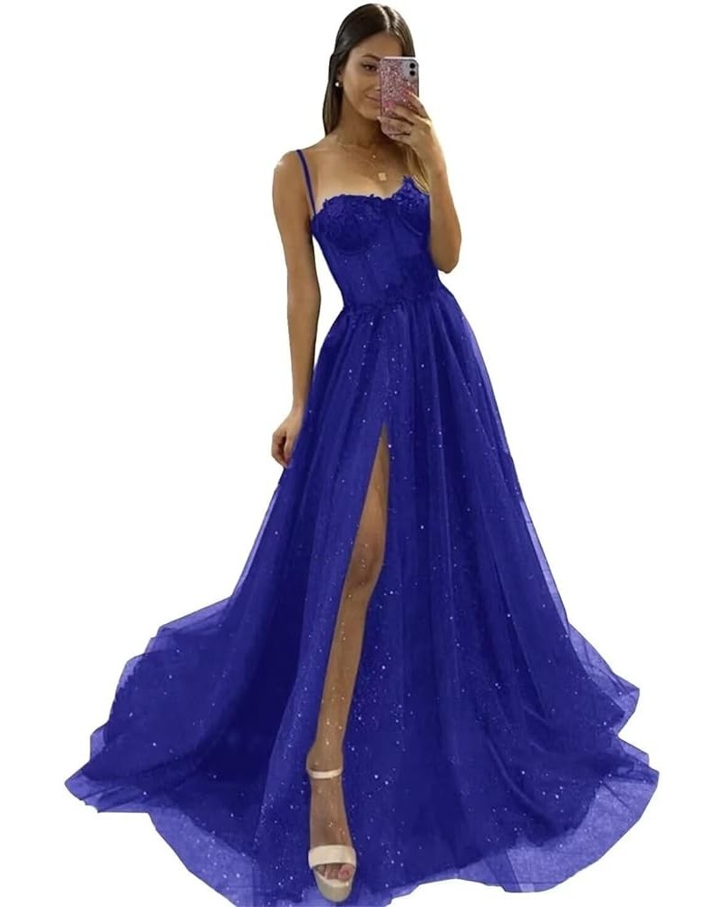 Glitter Tulle Prom Dresses Long 2023 with Split Spaghetti Straps 3D Flower Formal Evening Party Gowns Royal Blue $33.79 Dresses