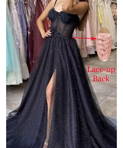 Glitter Tulle Prom Dresses Long 2023 with Split Spaghetti Straps 3D Flower Formal Evening Party Gowns Royal Blue $33.79 Dresses