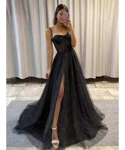 Glitter Tulle Prom Dresses Long 2023 with Split Spaghetti Straps 3D Flower Formal Evening Party Gowns Royal Blue $33.79 Dresses