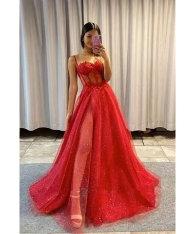 Glitter Tulle Prom Dresses Long 2023 with Split Spaghetti Straps 3D Flower Formal Evening Party Gowns Royal Blue $33.79 Dresses