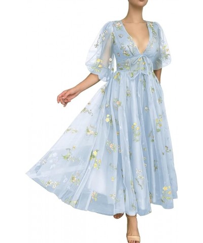 Women's Short Puff Sleeve Prom Dress Flower Embroidery Floral Tulle Formal Evening Party Gowns Blue-e $26.65 Dresses