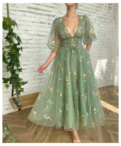 Women's Short Puff Sleeve Prom Dress Flower Embroidery Floral Tulle Formal Evening Party Gowns Blue-e $26.65 Dresses