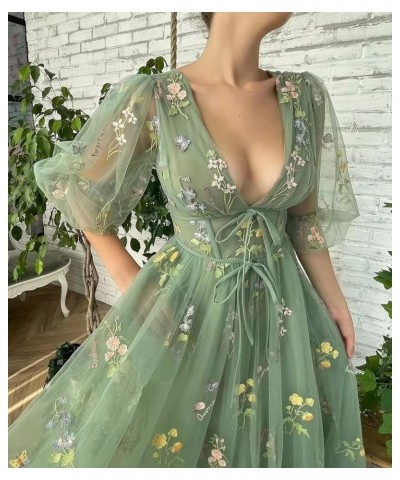 Women's Short Puff Sleeve Prom Dress Flower Embroidery Floral Tulle Formal Evening Party Gowns Blue-e $26.65 Dresses