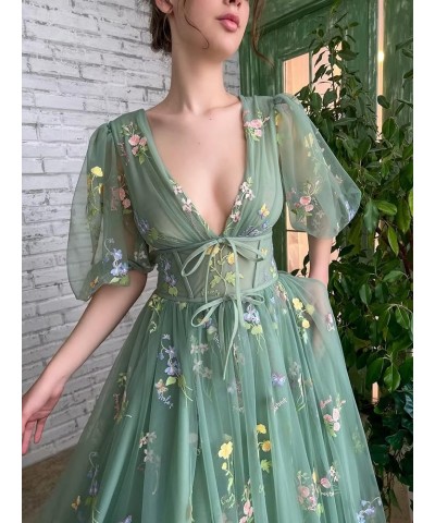 Women's Short Puff Sleeve Prom Dress Flower Embroidery Floral Tulle Formal Evening Party Gowns Blue-e $26.65 Dresses