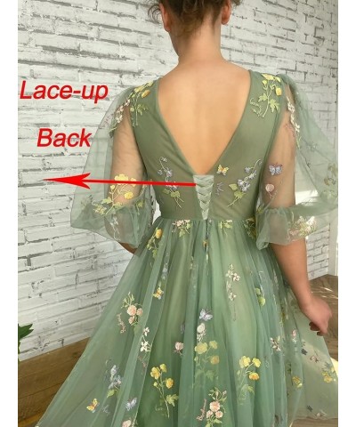 Women's Short Puff Sleeve Prom Dress Flower Embroidery Floral Tulle Formal Evening Party Gowns Blue-e $26.65 Dresses