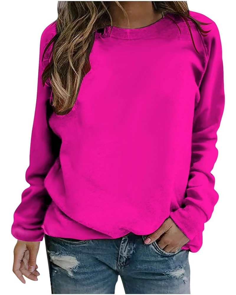 Womens Long Sleeve Crewneck Sweatshirt Tops Solid Color Loose Fit Sweatshirts Pullover 2023 Fall Casual Tops Shirt Hot Pink 2...