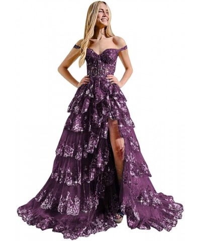 Women‘s Off The Shoulder Tiered Prom Dress with Split Sleeveless A Line Evening Gown for Juniors KO008 Plum $47.83 Dresses