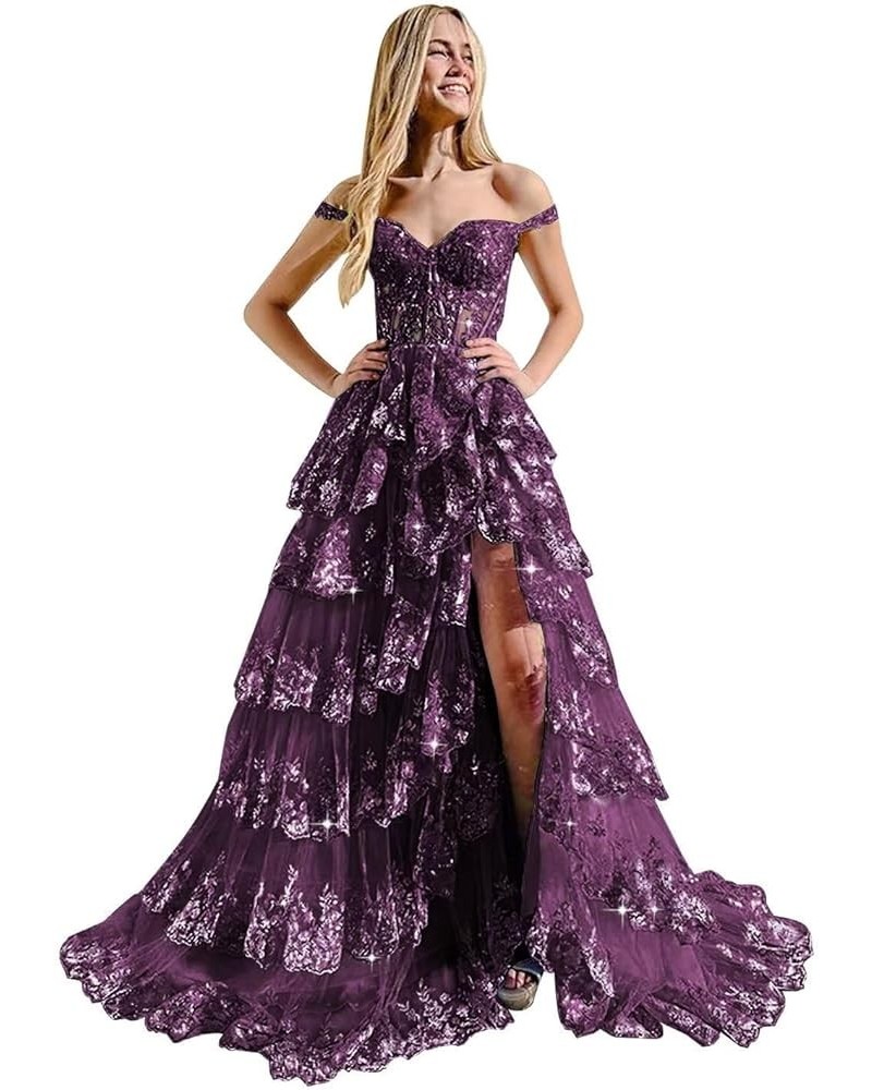 Women‘s Off The Shoulder Tiered Prom Dress with Split Sleeveless A Line Evening Gown for Juniors KO008 Plum $47.83 Dresses