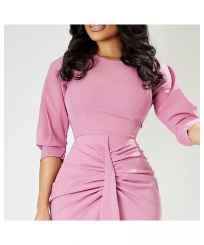 Women's Summer Soild Midi Bodycon Dresses Half Puff Sleeve Ruched Bodycon Cocktail Party Pencil Formal Dress Pink $11.12 Suits