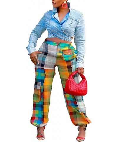 Women's Casual Cargo Pants High Waist Straight Wide Leg Pants with Multi Pockets D8612-colorful $18.24 Pants