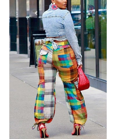 Women's Casual Cargo Pants High Waist Straight Wide Leg Pants with Multi Pockets D8612-colorful $18.24 Pants