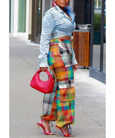 Women's Casual Cargo Pants High Waist Straight Wide Leg Pants with Multi Pockets D8612-colorful $18.24 Pants